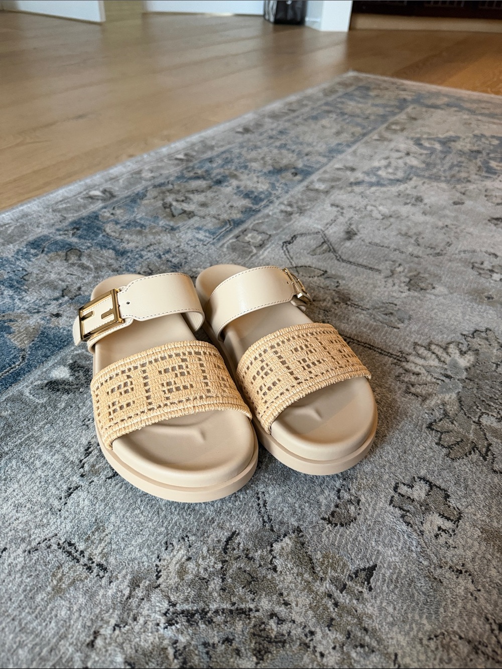 Fendi Cream Beige Woven Slide Sandals with Gold Buckle